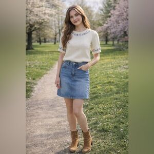 Vtg L.L. Bean Cream Embroidered Floral Knit Cottagecore Spring Sweater M